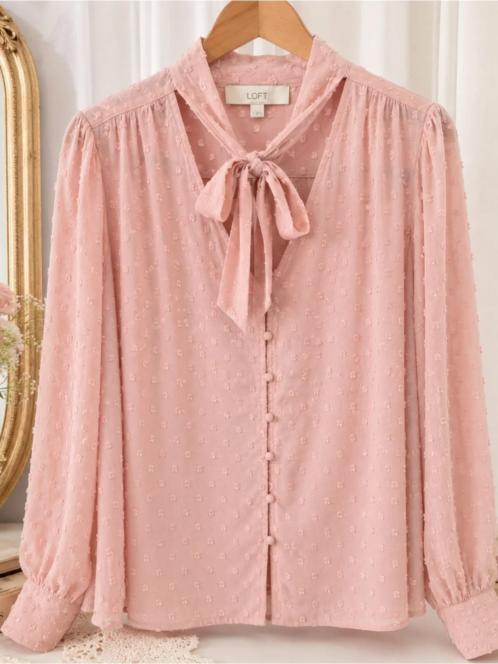 LOFT Feminine Balletcore Swiss Dot Button Front Top Size S